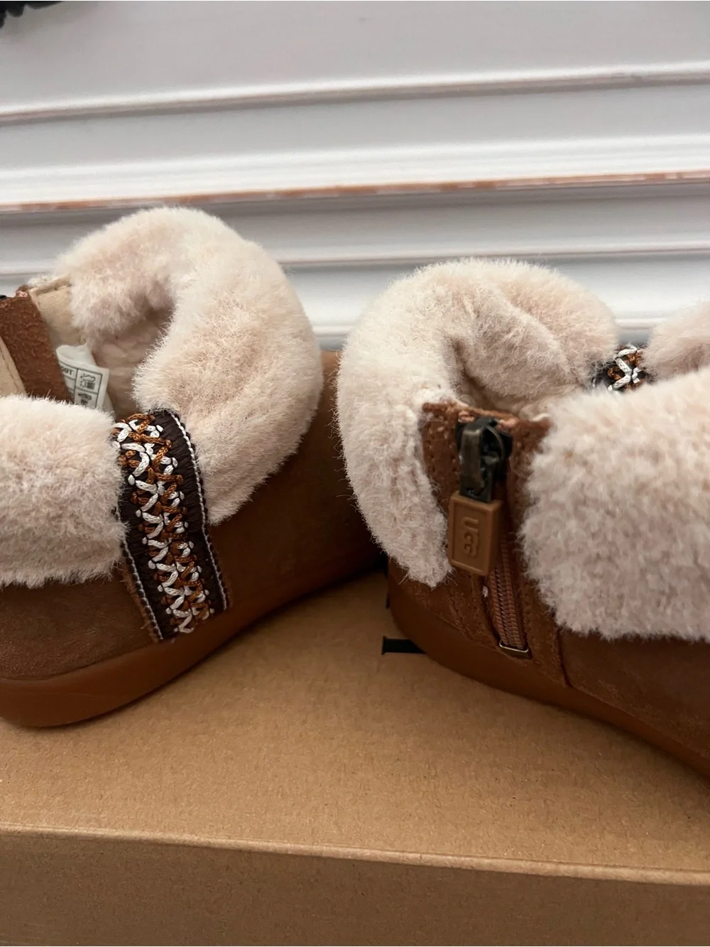 UGG Chestnut Suede Shearling Backless Clog Slippers with Cream Cuff